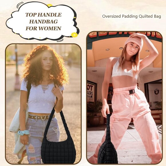 Women's Black Lightweight Cotton Puffy Quilted Hobo Bag Retro Soft Shoulder Bag - Picture 5 of 7